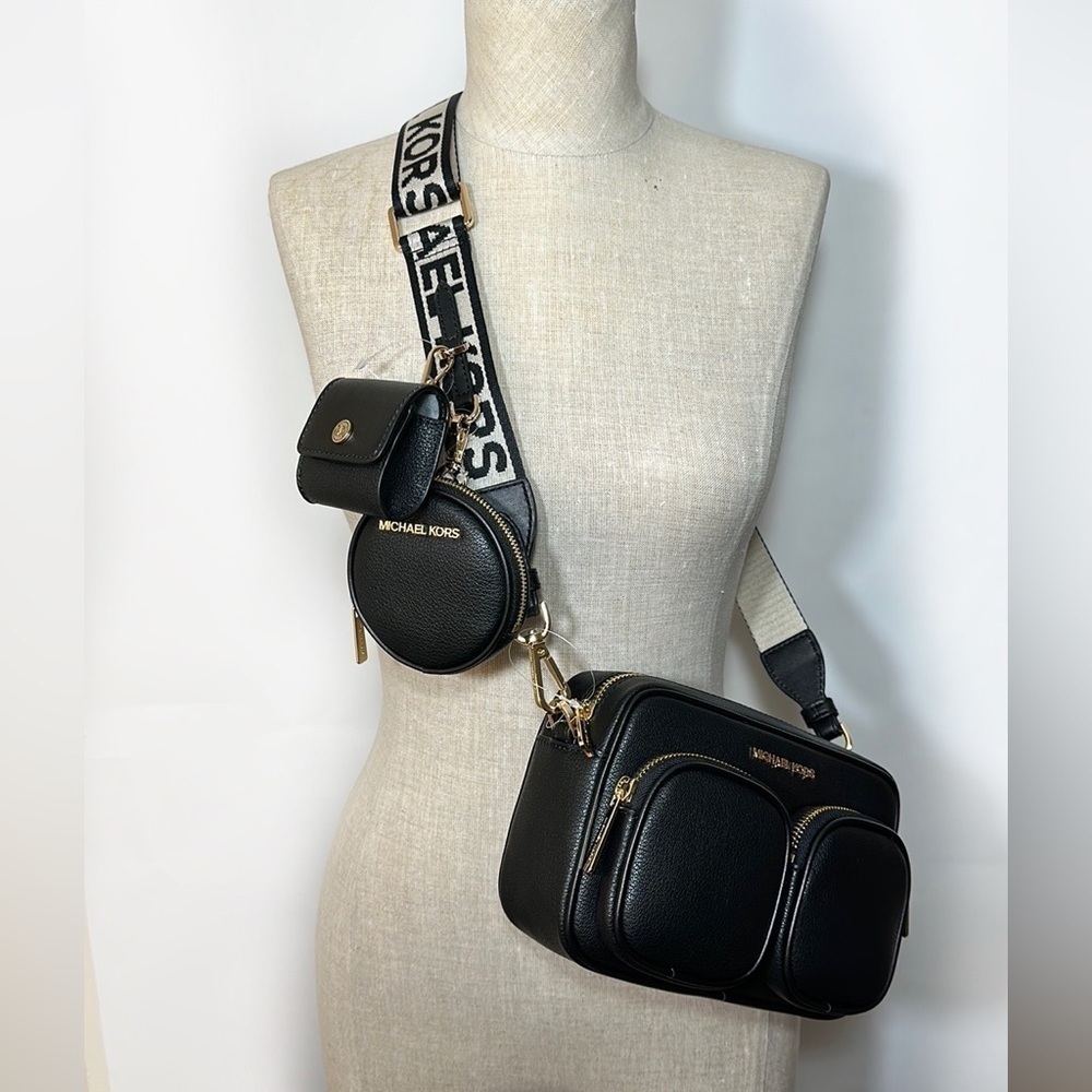 Michael Kors leather Jet Set travel crossbody black tech pocket pouches AirPods
